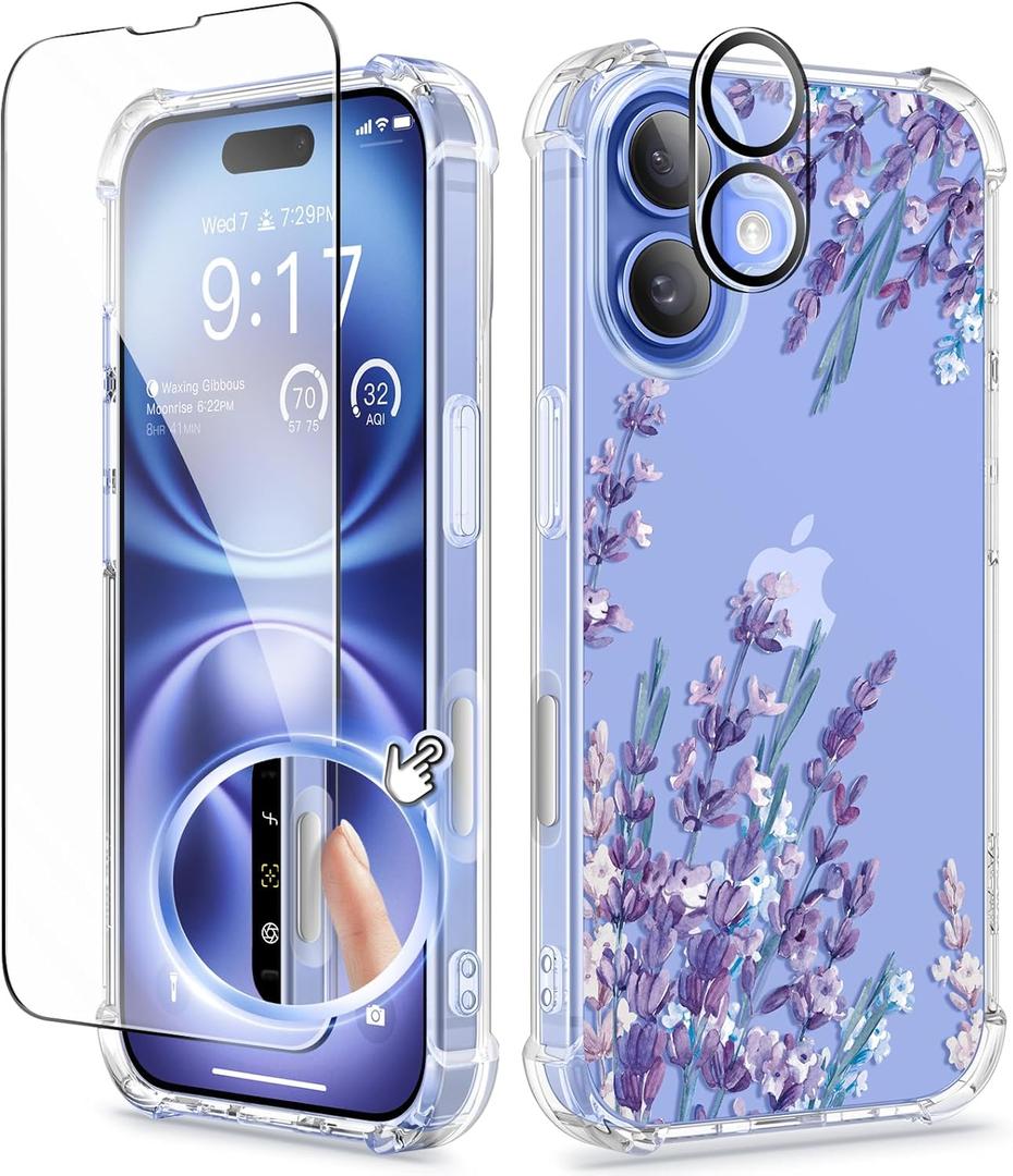 GVIEWIN for iPhone 16 Plus Case, with Screen Protector & Camera Lens Protector, Floral Shockproof Protective Bumper Slim Soft Clear Phone Cover for Women 2024 6.7" (Light Lavender/Purple)
