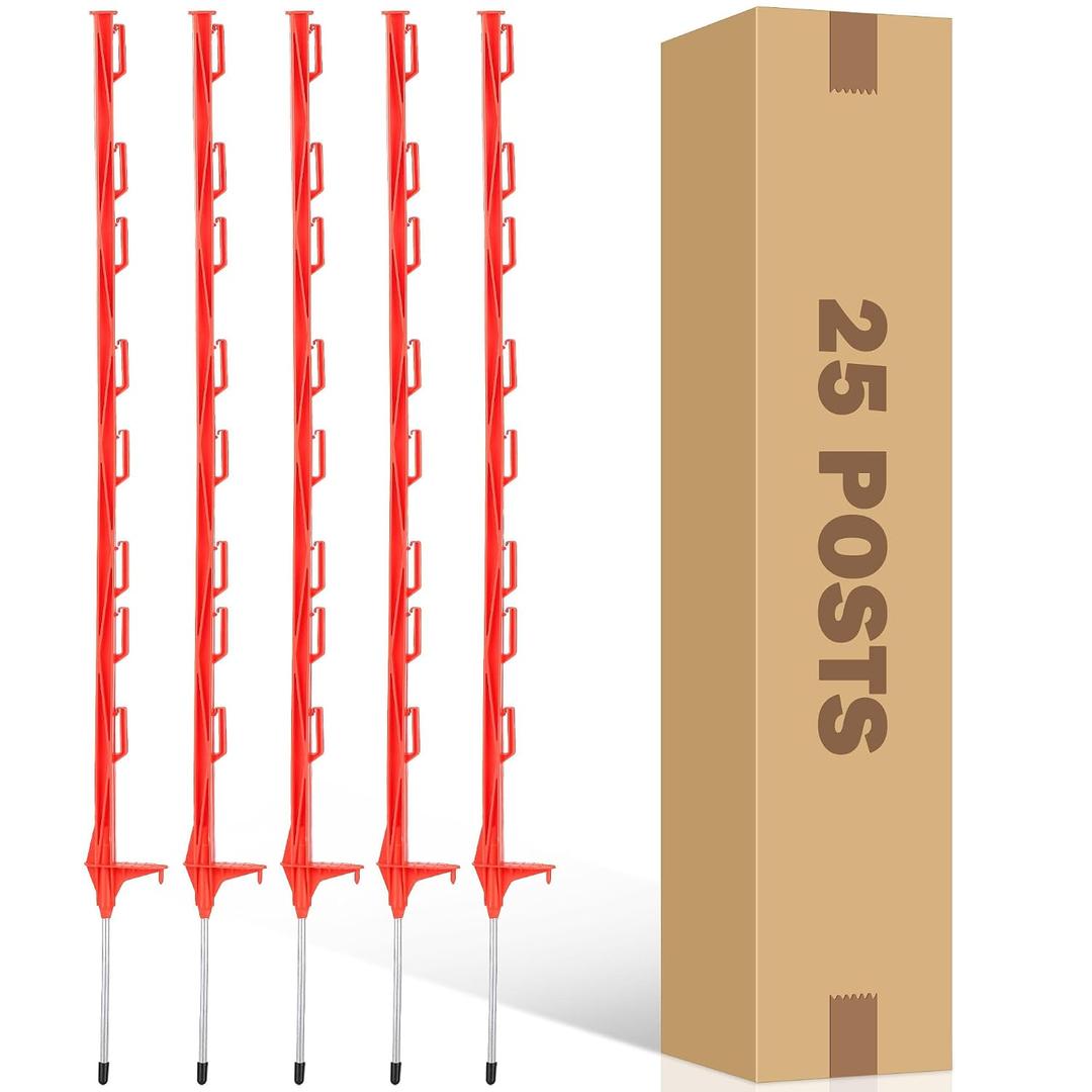 25 Pack Electric Fence Posts,48 Inch/4FT Step-in Plastic Posts for Farm and Garden,Temporary Sturdy Fencing System for Electric Fencing and Yard Protection, Red