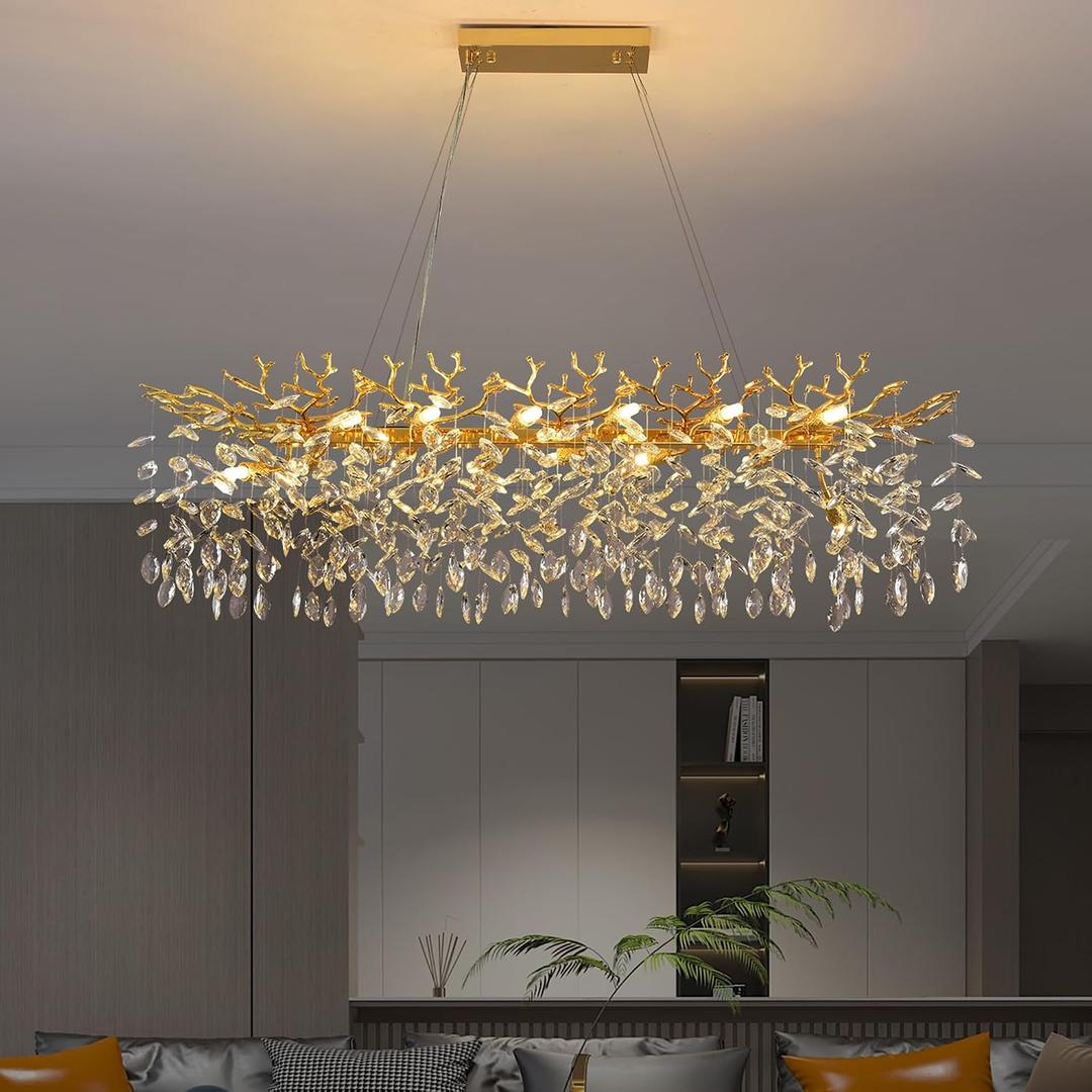 Modern Rectangle Crystal Tree Branch Chandelier, L40'' Large Gold Linear Raindrop Indoor Hanging Pendant Light Fixture for Kitchen Island Foyer Living Room Dining Room 10 Lights