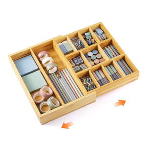 Bamboo Sliding Desk Drawer Organizer 12'' up to 15.7'' x 14'' x 2.2'' Expandable Office Desk Accessories Supplies Tray with 7 Compartments for Pens, Notebooks, Rulers, and Makeup Jewelry Vanity
