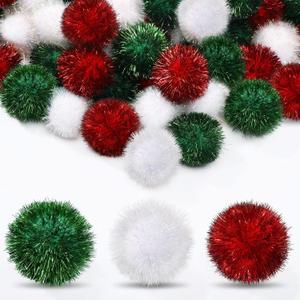 Kasyat 60 Pack 2 Inch Jumbo Glitter Tinsel Pom Poms Extra Large Sparkle Fuzzy Balls Shiny Tinsel Cat Balls for DIY Craft Decorations (Red, Green, White)