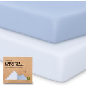 2-Pack Mini Crib Sheets Fitted - 38x26 Pack N Play Sheets for Pack and Play Mattress, Organic Cotton, Soft & Breathable Playard Bedding, Neutral Mini Toddler Bed Cover for Boys, Girls (Blue Flax)