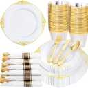 Nervure 175PCS Gold Plastic Plates - Disposable White Gold Party Plates & Pre Rolled Napkins with Cutlery for 25 Guests, 50Plates, 75Silverware, 25Cups, 25Napkin for Wedding & Party & Independence Day