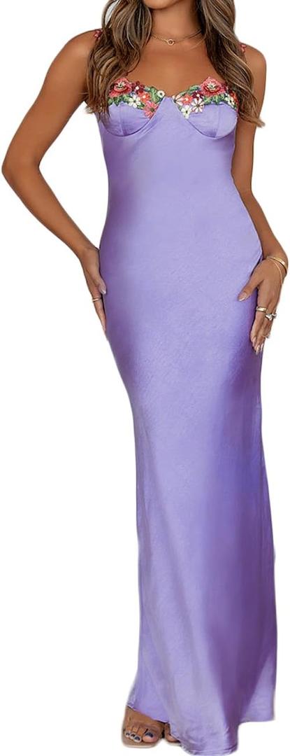 Sexy Satin Spaghetti Strap Floral Embroidered Maxi Dress for Women Sweetheart Neckline Backless Sleeveless Slit Midi Dress (Large, Lilac)