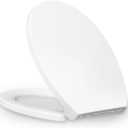 KHE Elongated Toilet Seat 18.5 Inch, Soft Close Toilet Seat with No-Touch Handle, Quick Release for Easy Cleaning, Non-Slip Bumpers, Durable PP, White