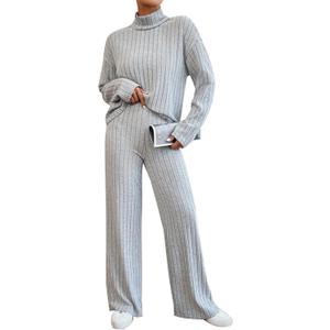 Women's Pajama Sets Turtleneck Long Sleeve 2 Piece Lounge Sets Ribbed Knit Sweater Sleepwear 2024 Pjs with Pockets (Gray, M)