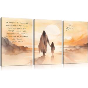 3Pcs Inspirational Christian Canvas Wall Art Jesus and Girl Poster Prints Isaiah 41:10 Picture Painting Wall Decor for Living Room Bedroom Office 16x24in Framed