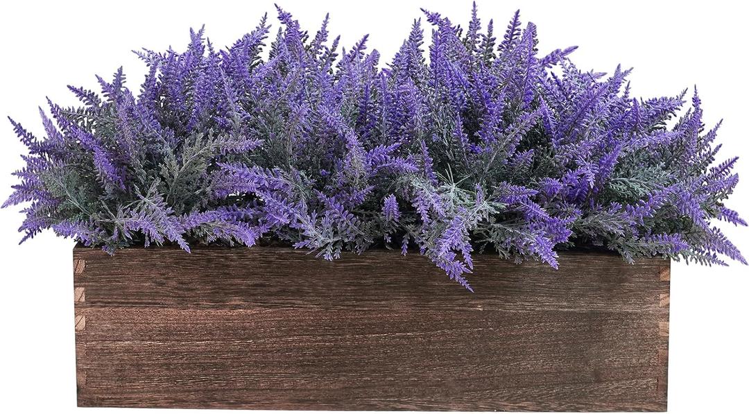 Winlyn 14" Artificial Lavender Flowers Plants in Rectangular Wooden Planter Box Faux Frosted Lavender Potted Arrangements Floral Centerpiece for Farmhouse Home Wedding Table Centerpiece Mantel Dcor