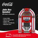 Coca-Cola Jukebox Bluetooth Speaker with FM Radio, LED Lights, 16W Output, 1800mAh Battery, USB-C Charging, 10m Range, Retro Design for Parties & Home Use