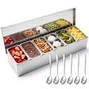 Ferrochef 6 Compartments Stainless Steel Chilled Condiment Tray, Garnish Tray with 6 Removable Compartments, Chilled Condiment Dispenser with Lid, Fruit Serving Containers