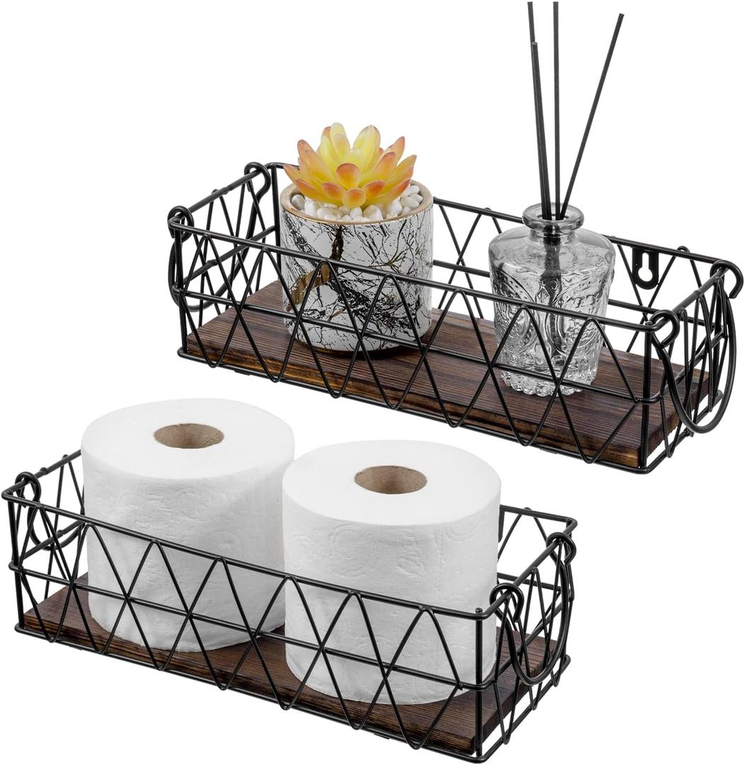 MyGift 2 Piece Wall Mounted Black Geometric Metal Nesting Storage Basket with Rustic Solid Burnt Wood Base, Small Tabletop Decorative Metal Wire Bins with Handles