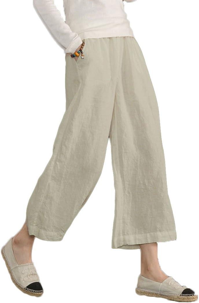 ECUPPER Womens Cotton Cropped Pants Loose Fit Wide Leg Capri Casual Plus Size Elastic Waist Trousers (12-14, Natrual)