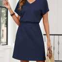 ANRABESS Womens Summer Dresses Casual V Neck Short Sleeve Elastic Waist Mini Tshirt Dress Beach Vacation Sundress with Pocket (Blue, XXL)