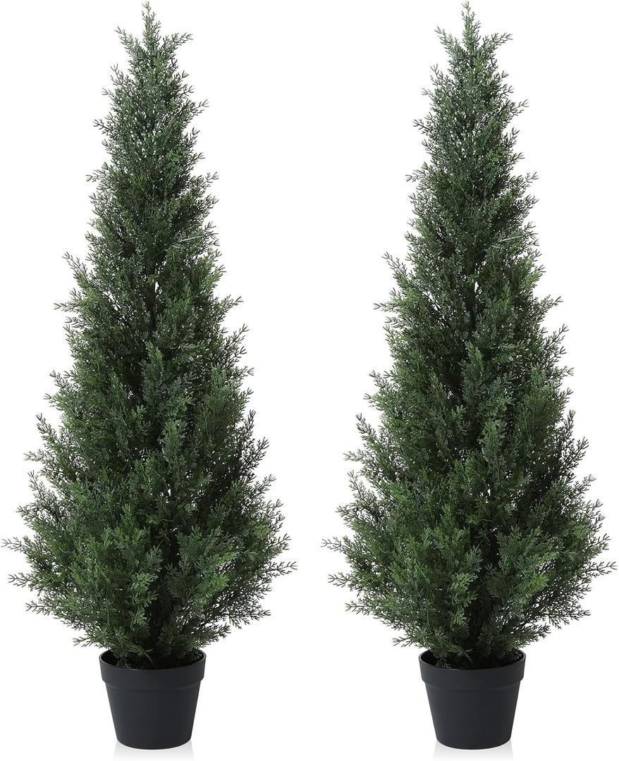 4FT Artificial Cedar Topiary Trees for Outdoors Potted Fake Cypress Trees Faux Evergreen Plants for Home Porch Decor Set of 2