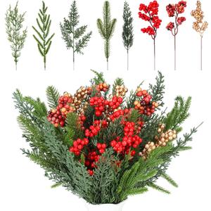 56 Pcs Christmas Artificial Pine Branches Faux Greenery Pine Picks Needles Christmas Twigs Stems Artificial Red Orange Gold Berry Stems for DIY Garland Wreath Xmas Home Garden Decor