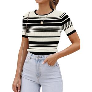 ZESICA Women's Short Sleeve Crewneck Striped T Shirt 2025 Summer Ribbed Knit Slim Fit Casual Basic Tee Tops (Ivory)