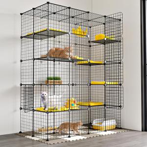 Oneluck Large Outdoor Cat House Catio Enclosure, DIY Cage Kennels Crate Spacious Exercise Place Ideal for 1-6 Cats, 55.1" L x 28.7" W x 69.8" H Balcony Playpen with 16 Platforms Super Large Door