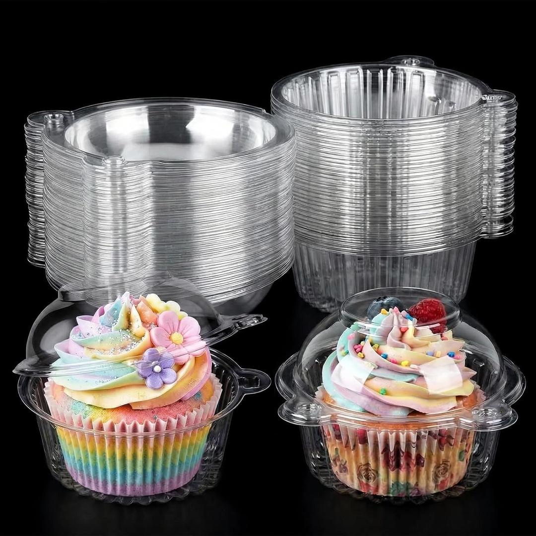 VGOODALL 120PCS Individual Cupcake Containers, 4.3 x 3.2 Inches Plastic Cupcake Holders With Lid for Wedding Baby Shower Birthday Party Supply