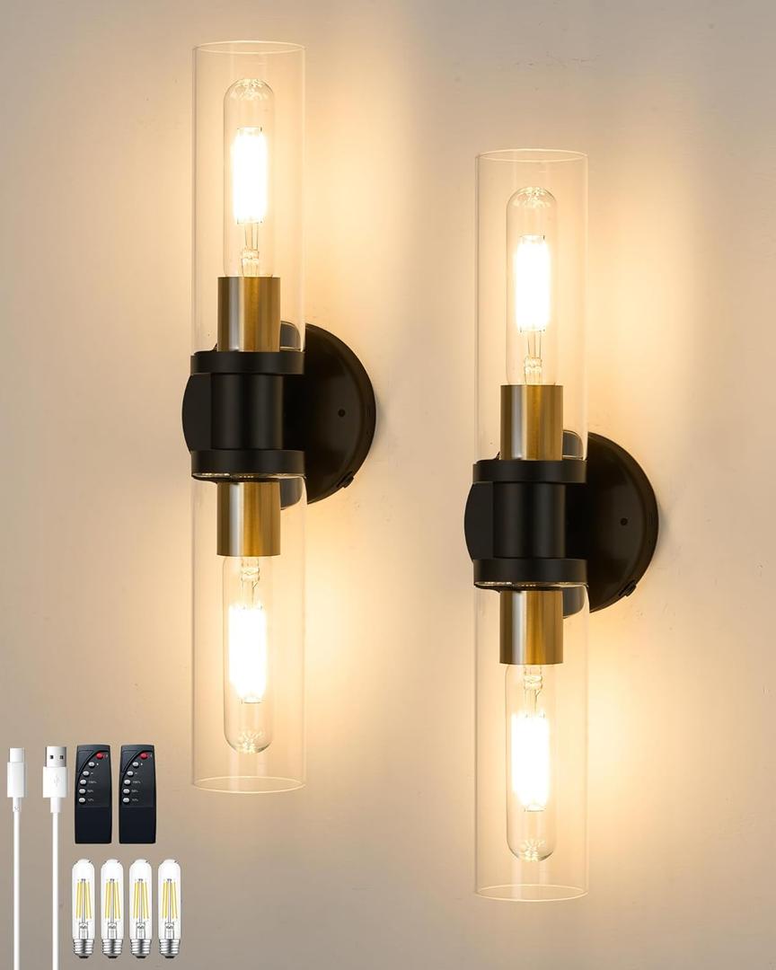 Battery Operated Wall Sconce Set of 2, Modern Rechargeable Wall Lights, Dimmable Cordless Sconces with 4 Bulbs Indoor for Living Room, Bedside, Bathroom, Black Gold 2 Pack(Include 4 Specia Bulbs)