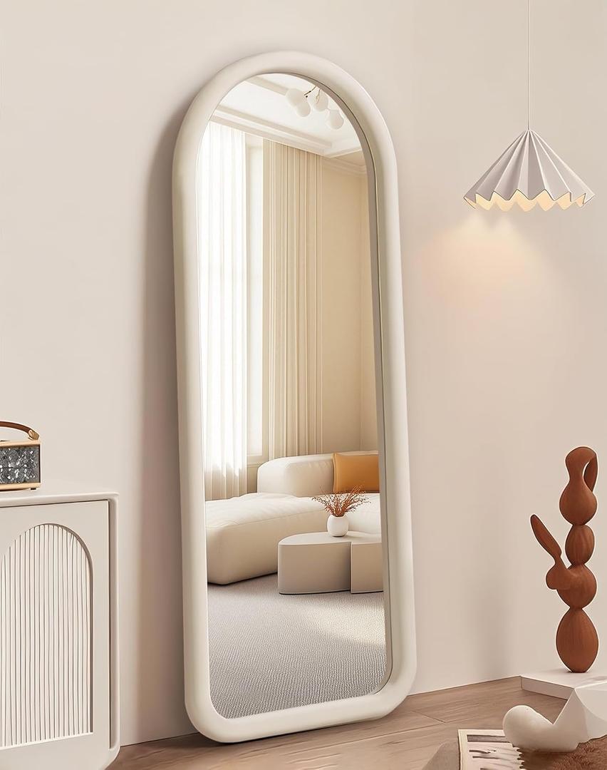 Delma Arched Full Length Mirror, Free Standing Floor Velvet Finish Frame Mirror for Leaning or Hanging, Soft Touch Bedroom & Living Room Decor, Cream White