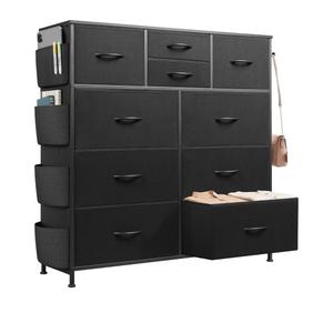 WLIVE 10 Drawer Black Fabric Dresser for Bedroom, Side Pocket & Hooks ChestFabric chest of drawers, steel frame, side pockets & hooks. Sleek modern storage for bedroom, closet, living room.