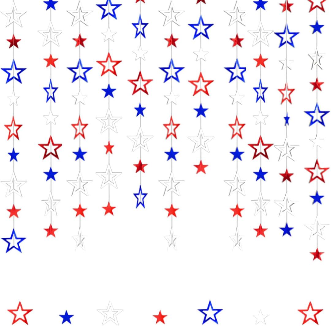 Patriotic Star Streamers Banner Garland Glitter for 4th of July BBQ Memorial Day 250th Anniversary Party Glossy Independence Day Celebration Labor Day Decorations Red White Blue 1 Strand 157.5In