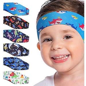 4 Pcs Swimming Headbands for Kids, Adjustable Swimming Ear Protection Bands Cute Cartoon Waterproof Swim Headbands for Boys Swimmers Age 1-5, Head Circumference 17.3-20.5 Inch