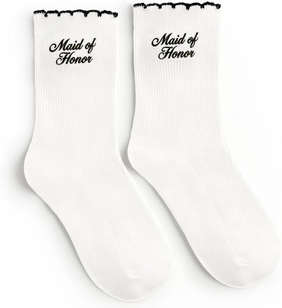 xo, Fetti Maid of Honor Sock - White Ribbed Socks with Black Embroidery | Maid of Honor Gift, Bridal Party Socks, Bachelorette Party, Wedding Day Gift, Bridal Shower, Getting Ready Outfit (White)