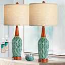 Vintage Table Lamps for Living Room Set of 2, Retro Bedside Lamp for Bedroom with USB Port, MCM Teal Ceramic 3-Way Dimmable Nightstand Lamp with Oatmeal Linen Shade (Bulb Included) (Turquoise)