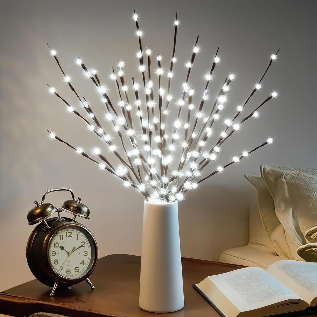 DK177 2 Pack Led Branch Light Battery Operated Lighted Branch Vase Filler Willow Tree Artificial Little Twig Power Brown 30 Inch 20 LED for Home Outdoor Indoor Romantic Decoration, White Light