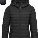 Womens Puffer Jacket Lightweight Packable Winter Light Coat Full-Zip Hooded Outerwear for Travel (Black, S)