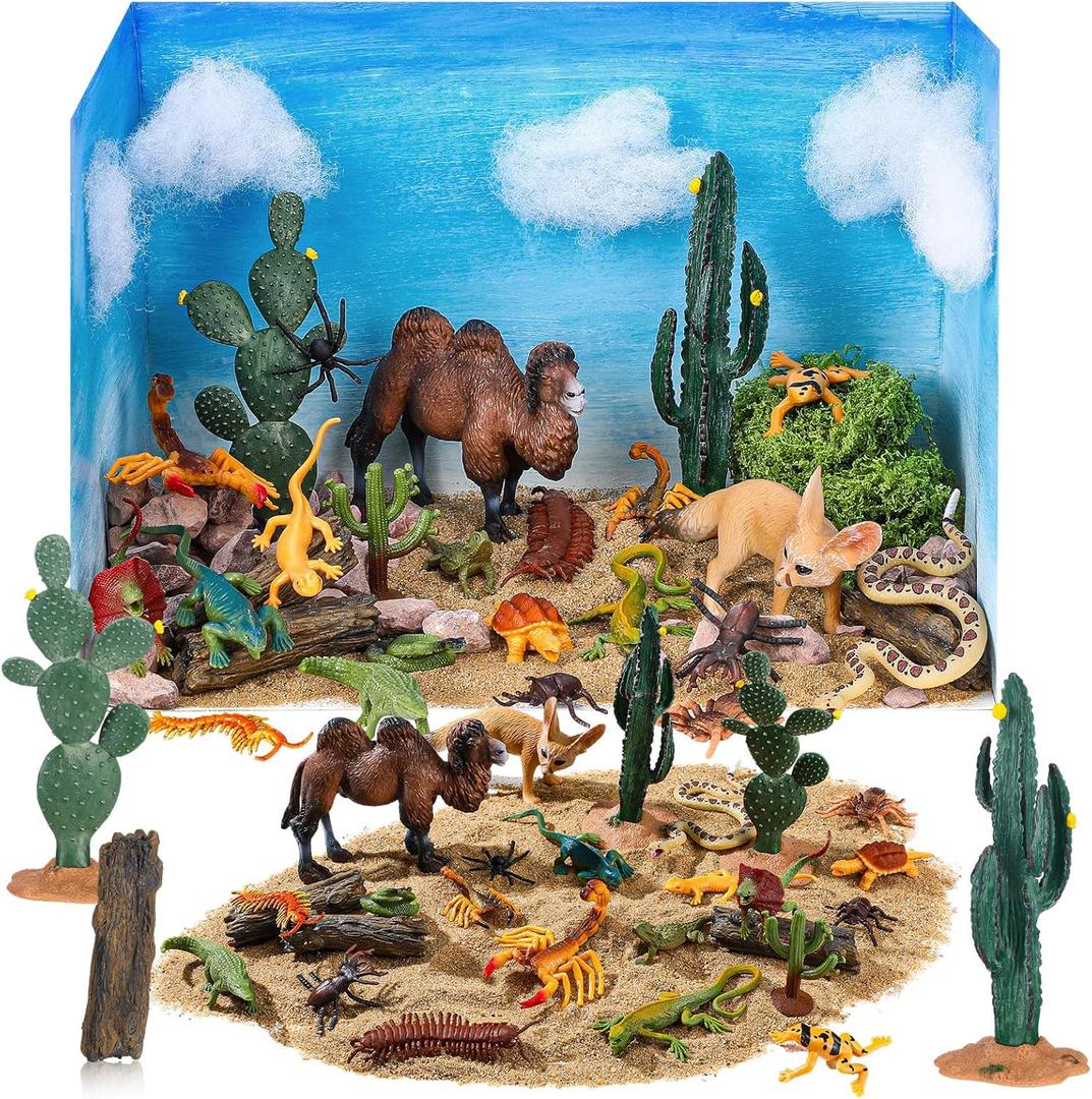 Soulchen 36 Pcs Desert Cardboard Diorama Box Kit 3D Desert Diorama Play Set Model Cactus Kit with Reptiles Camel Fennec Fox Lizard Snake Spiders for Birthday Gifts