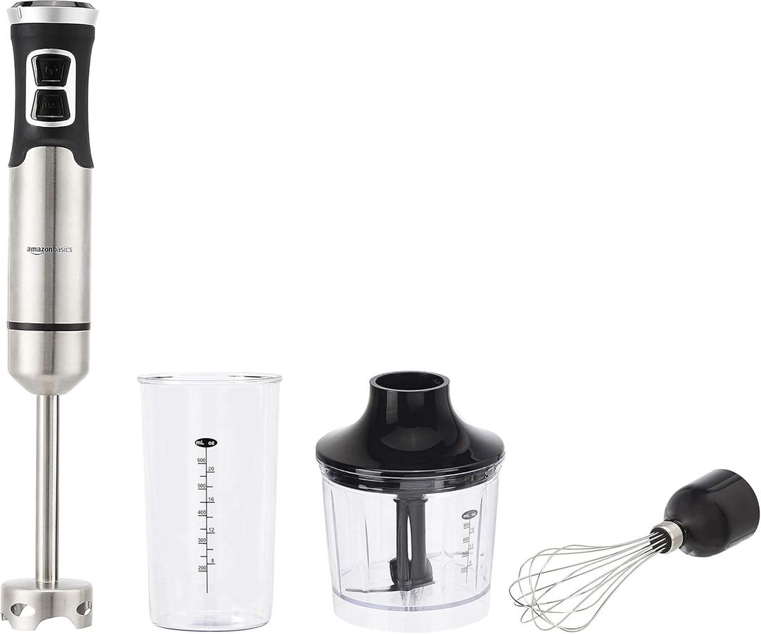 Amazon Basics Multi-Speed Immersion Hand Blender for Kitchen Mixing, Smoothies, Soups, 500 Watt Powerful, with Blending Stick, Whisk, Chopper and Beaker, Silver (Pack of 1)