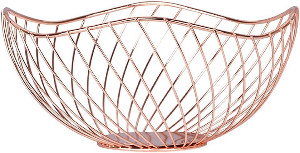 IBWell High Style Curved-Edge Modern Creative Stylish Single Tier Dish,Metal Iron Wire Fruit Vegetables Bread Decorative Stand Serving Bowls Basket Holder (Rose Gold-Twill)