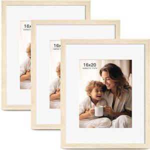 FinalFind 16x20 Picture Frame with Mat for 11x14 Set of 3, Natural Wood Grain 16x20 Frames for Horizontal & Vertical Wall Mounting (3 Pack,Natural)