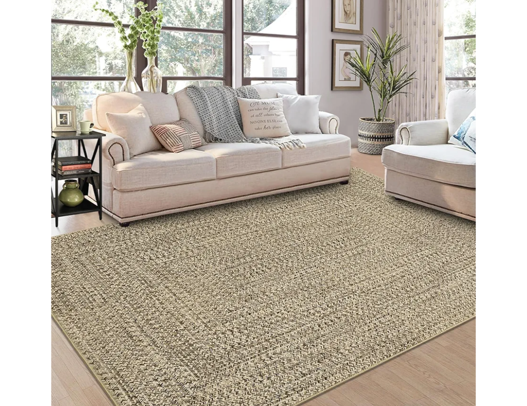 9x12 Area Rug Large Machine Washable Rug for Living Room Print Braided Floor Cover Stain Resistant Non-Slip Farmhouse Solid Printed Textured Carpet for Home Decor, Linen