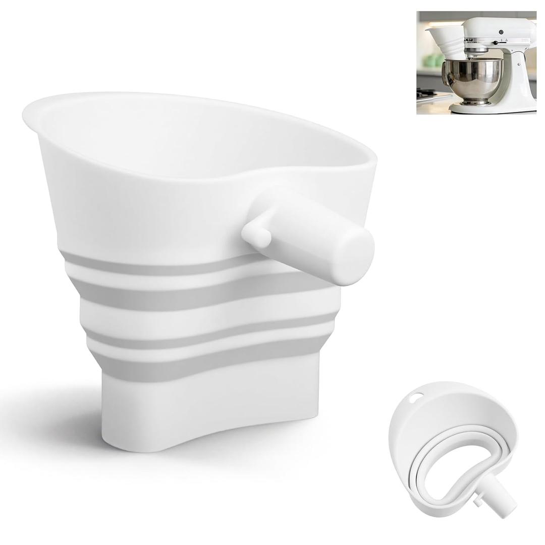 Silicone Flour Funnel for Kitchenaid Stand Mixer - Foldable Pouring Chute for Kitchenaid Mixer, Anti-Splash Baking Flour Funnel for Dry & Liquid Ingredients, Dishwasher Safe (White)
