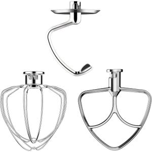 Stainless Steel Mixer Attachments for KitchenAid 4.5-5 Qt Tilt-Head Stand Mixer, Dishwasher Safe Set with Wire Whip, Dough Hook and Flat Beater, Heavy Duty Replacement Accessories for Baking