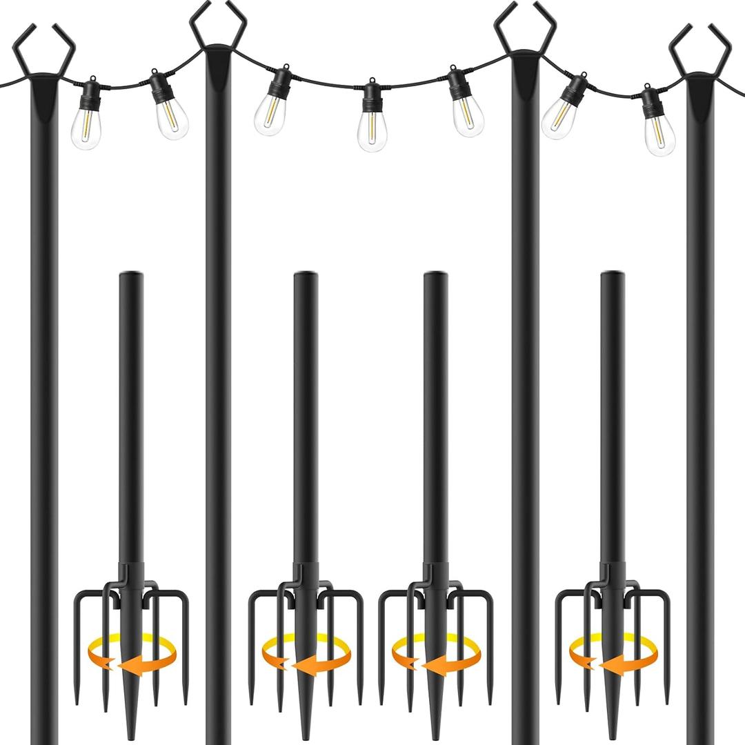 10Ft String Light Poles 4 Pack,Light Poles for Outside Lights,Outdoor with Fence Brackets Hanging Lights,Metal Stand Deck Patio Backyard