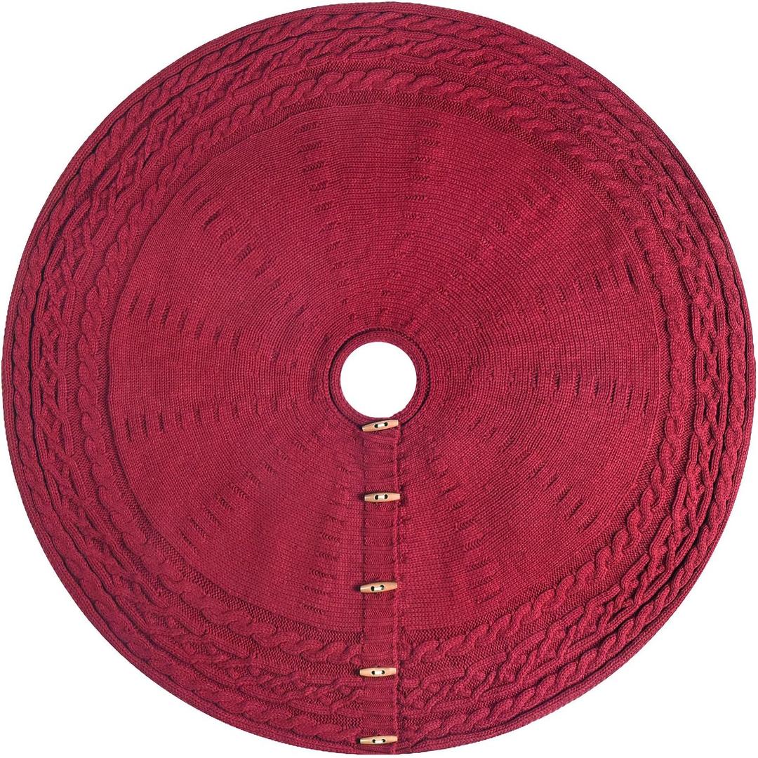48-Inch Cable Sweater Knit Christmas Tree Skirt with Wooden Toggles, Burgundy