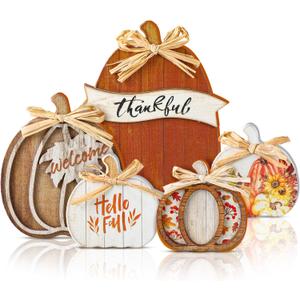 5 Pcs Fall Brown Pumpkin Decor for Home Thanksgiving Wooden Table Centerpiece Decorations Fall Wooden Pumpkin Signs for Autumn Farmhouse Home Living Room Kitchen Mantle Tabletop Supplies