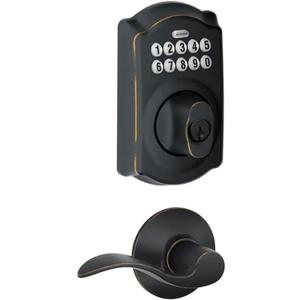 Schlage FBE365 V CAM 716 Acc Camelot Aged Bronze Electronic Door Lock Deadbolt with Accent Door Lever Combo