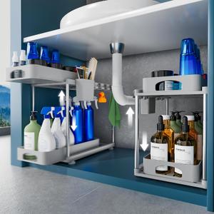 Under Sink Organizers and Storage, 2 Pack Under Kitchen Bathroom Sink Organizer, 2 Tier Under Cabinet Pull Out Storage, Adjustable Under Counter Storage Organizer, Gray, VF-PO01-GY