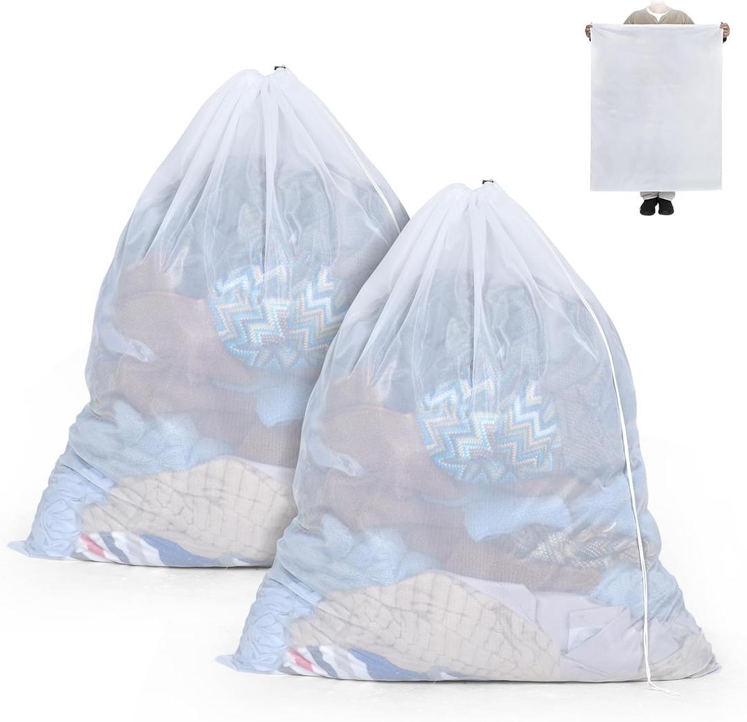 OTraki Ex-Large Mesh Laundry Bag 36x43 Inch Drawstring Laundry Wash Bags 2 Pack Dirty Clothes Net Laundry Bag Heavy Duty Travel Storage Organize Bag Don't Drying, Melting 140-176 White