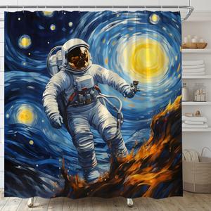 Starry Sky Shower Curtain Astronaut Blue Sky Universe Space Creative Oil Painting 70" Wx70 H Fabric Bathroom Decor Curtain with Hooks