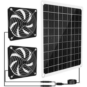 15W Solar Powered Fan for Chicken Coop, Solar Panel Exhaust & Intake Fan with Two Waterproof Fans 6.5Ft Cable Installation Kits, Ideal for Greenhouse Dog-House Outside Shed