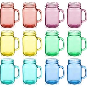 Zhehao 12 Pcs 16 oz Colored Mason Jars with Handle Bulk, Vintage Color Glass Mason Jars for Cold Beverages Decoration Storage Party Favors Cocktails(Multicolor)