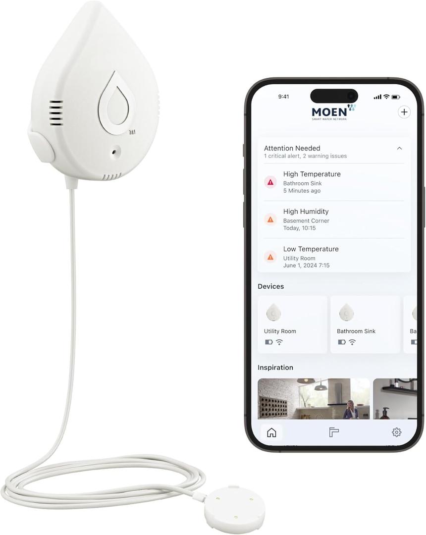 Moen Flo Smart Water Leak Detector, Drip or Flood Sensor Alarm for Home, 1-Pack, White, 920-004