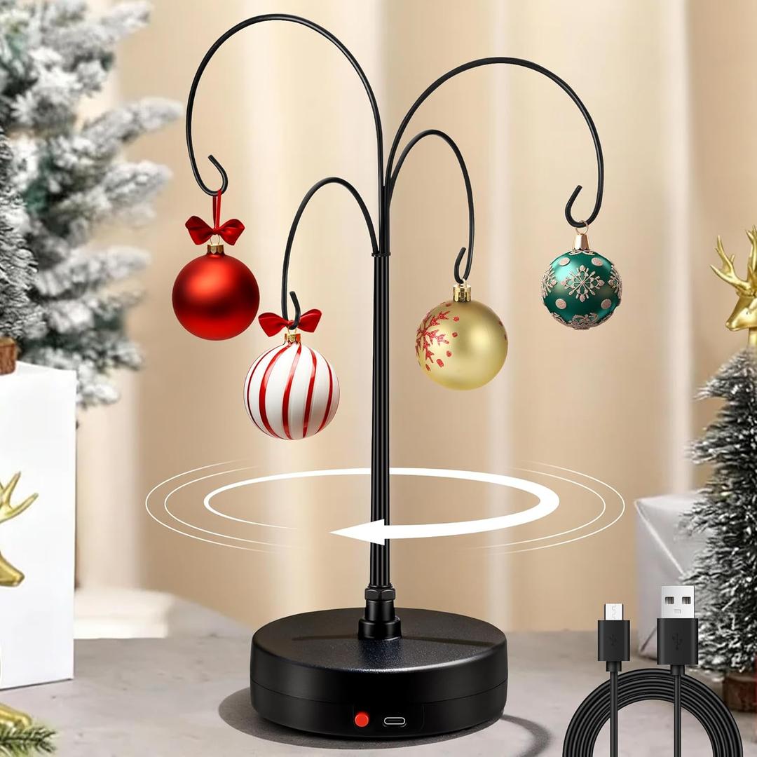 Electric Rotating Ornament Display Stand, Metal Ornament Hangers Stands, Christmas Ornaments Holder for Crafts, Crystal Glass Balls, Baubles, Xmas Gift & Tabletop Decorations(Tree Style)