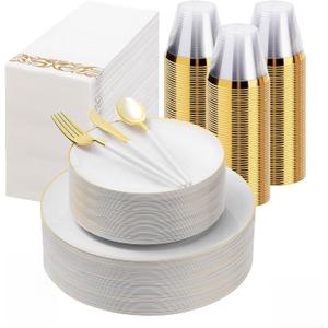 350 Pieces White Gold Plastic Dinnerware Set, Gold Disposable Plates for Party, Graduation, Include 100 White Plates with 150 Plastic Cutlery, 50 Napkins and 50 Cups
